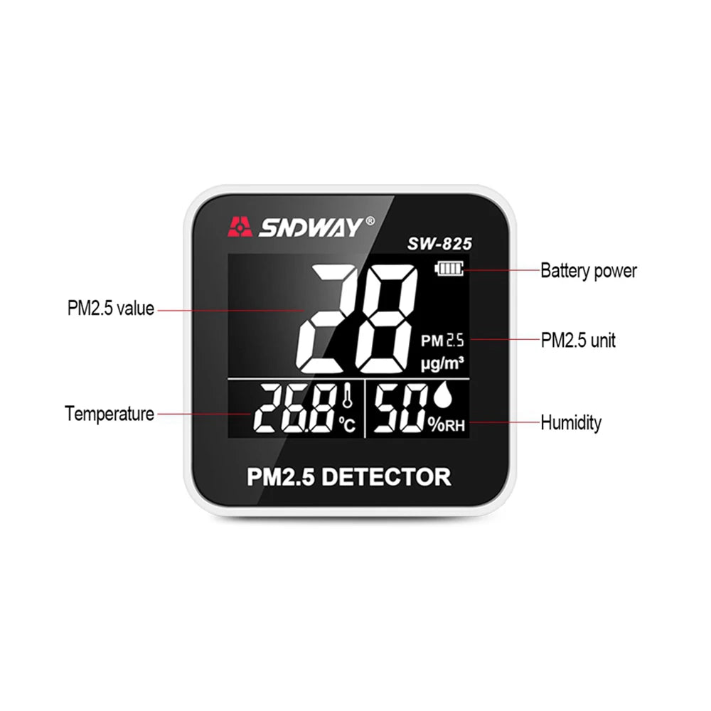 SW-825 Digital PM2.5 Detector 0-500 ugm³ Mini Portable Temperature Humidity Meter Laser Sensor Air Quality Monitor SW-825 Digital PM2.5 Detector 0-500 ugm³ Mini Portable Temperature Humidity Meter Laser Sensor Air Quality Monitor